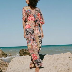 Zara Colorful Patchwork Wide Leg Pants and Top Set Size Medium